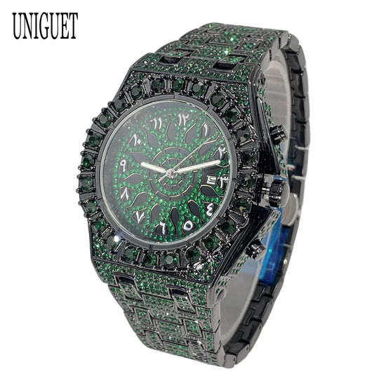 UNIGUET Hip Hop Wristwatch For Men Luxury lce Out Full Diamond Watches Fashion Green Watch Waterproof Clock Man 2026 Hot Sale