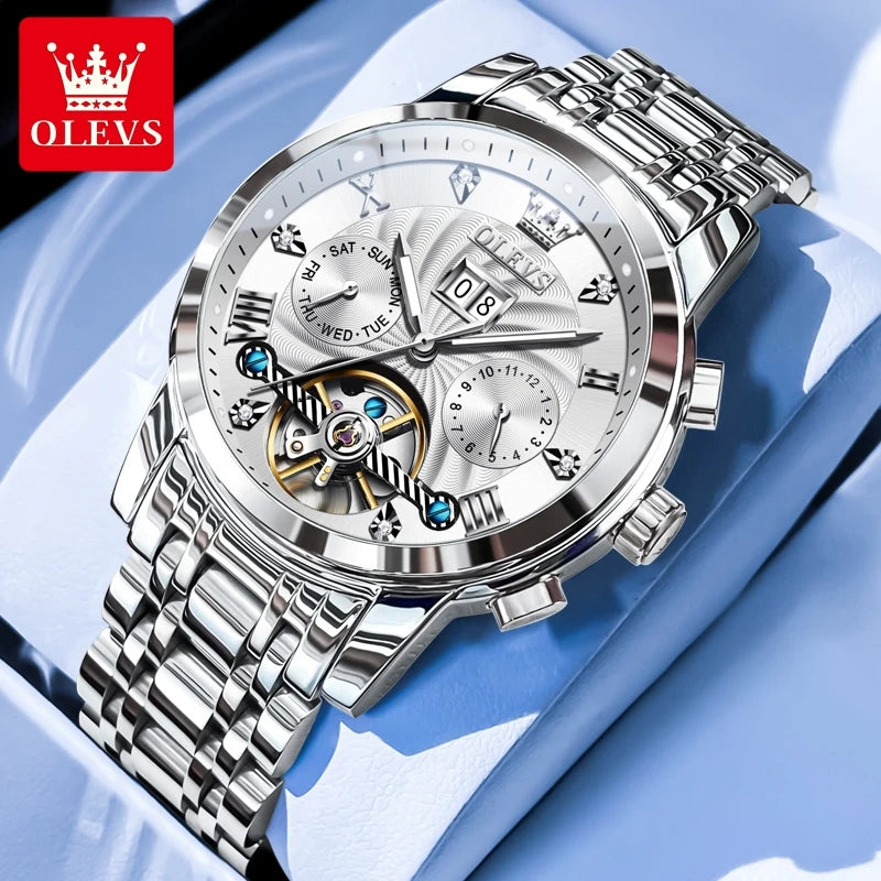 OLEVS 9910 Original Men's Automatic Mechanical Watch Luxury Skeleton Stainless steel Waterproof Luminous Watches