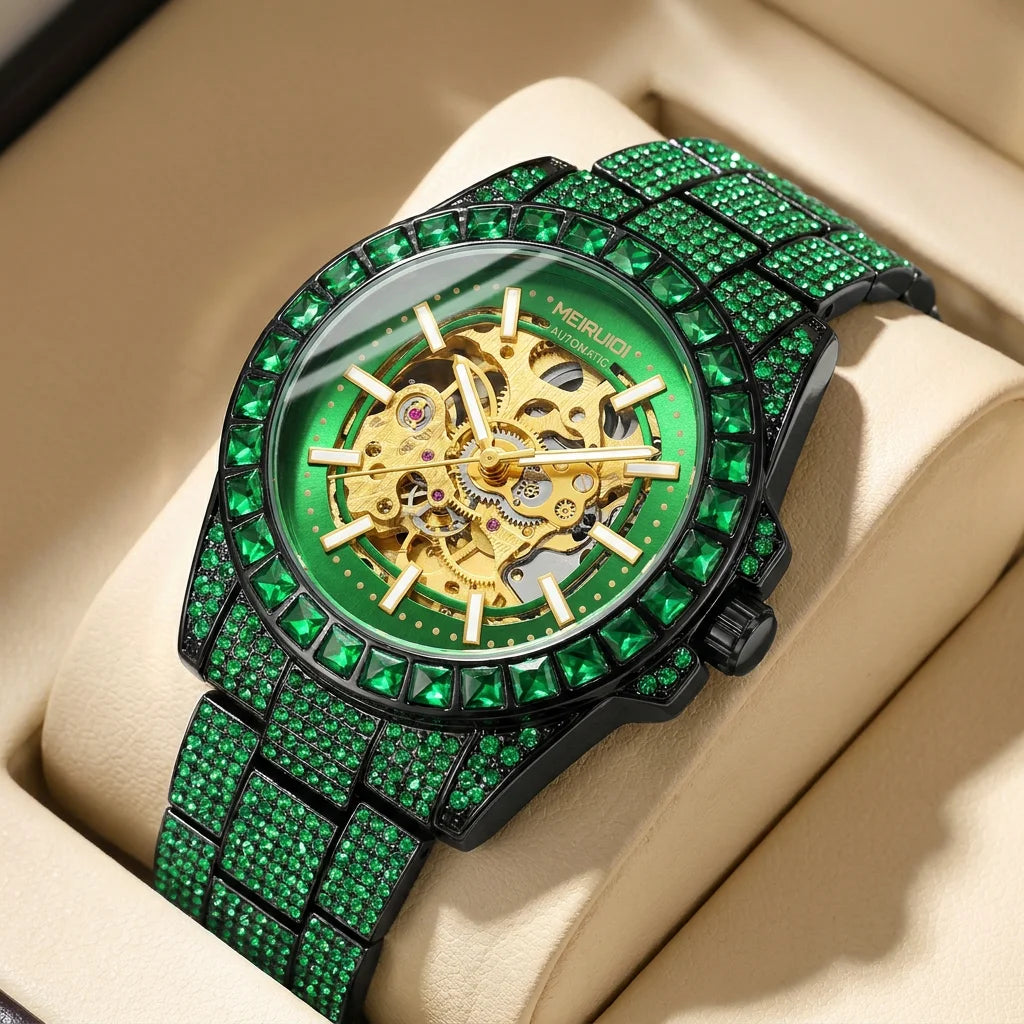 A men's green steel strap luxury trendy analog delicate pinion automatic mechanical watch