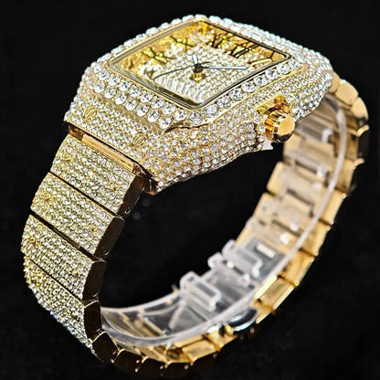 Hot UNIGUET Men's Square Watch Luxury Hip Hop Diamond Jewelry Waterproof Stainless Steel Quartz Wristwatch Fashion Man Accessory