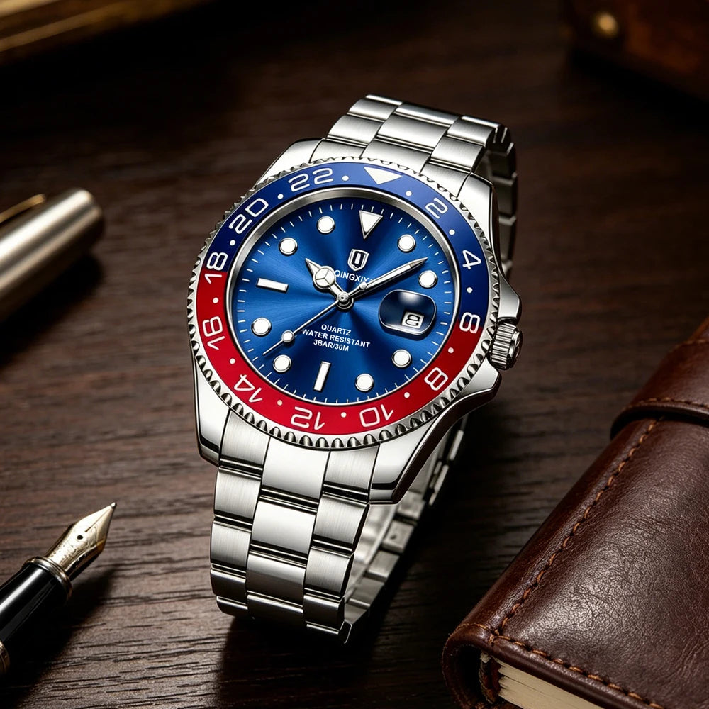 2026 New QINGXIYA Luxury Men Quartz Watches Stainless Steel Waterproof Luminous Date Watch Top Brand Men Wristwatch reloj hombre