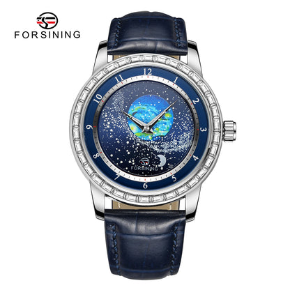 2026 FORSINING Design Earth Star Moon Set With Diamonds Genuine Belt Men Mechanical Automatic Watch Waterproof For Business