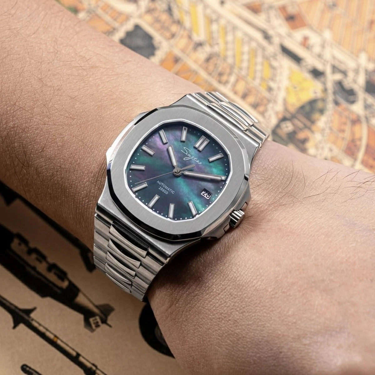 Orologio da uomo Sugess automatico meccanico, movimento Miyota 9015, quadrante MOP, luminoso, impermeabile 5bar, bracciale di lusso S466