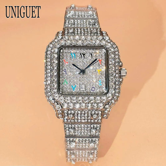 UNIGUET New Women Full Diamond Iced out Watch Fashion Square Rainbow Dial Hip Hop Bling Luxury Quartz Ladies Wristwatch Hot Sale