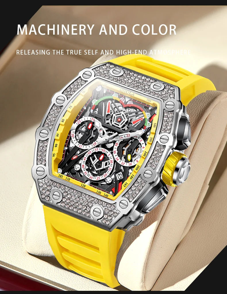 ONOLA Luxury Diamond Mechanical Wristwatches Fashion Sports Square Date Waterproof Automatic Man Watch Men Military Watch Clock