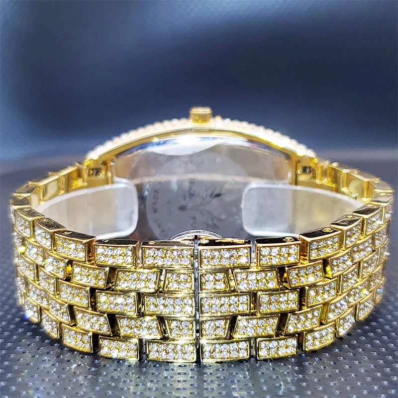 Stainless Steel Men's Watches Luxury Diamond Silver Iced Out Quartz Watch Top Brand 30M Waterproof Big Dial Tonneau Reloj Hombre