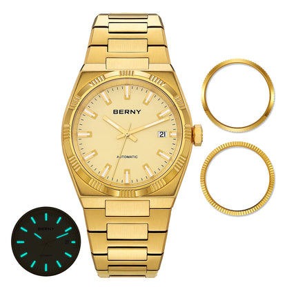 Relógio automático para homem BERNY, dourado, vidro de safira, ponteiros luminescentes, 100 % original, equipado com um movimento PT5000, revestimento antirreflexo, modelo de luxo com luneta intercambiável, estanque até 5 ATM.