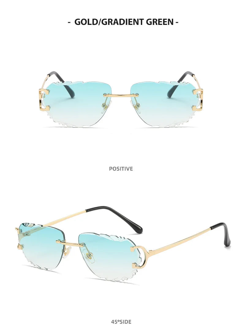 Ochelari de soare retro pentru femei, de marcă, de designer, fără ramă, ochelari de soare la modă, cu lentile tăiate neregulat, ochelari de vedere fără ramă pentru doamne