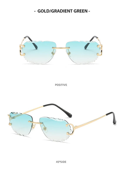 Ochelari de soare retro pentru femei, de marcă, de designer, fără ramă, ochelari de soare la modă, cu lentile tăiate neregulat, ochelari de vedere fără ramă pentru doamne