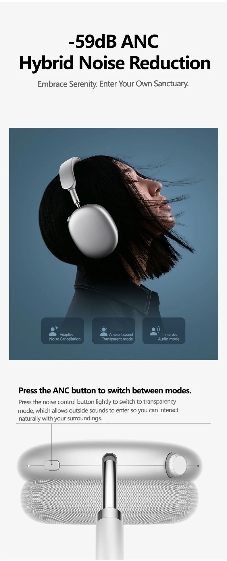 Picun F8MAX ANC kabelloser Kopfhörer, 59dB hybrides aktives Noise Cancelling, Spatial-Audio-Ohrhörer, Bluetooth 6.0, Over-Ear-Headset, 180H