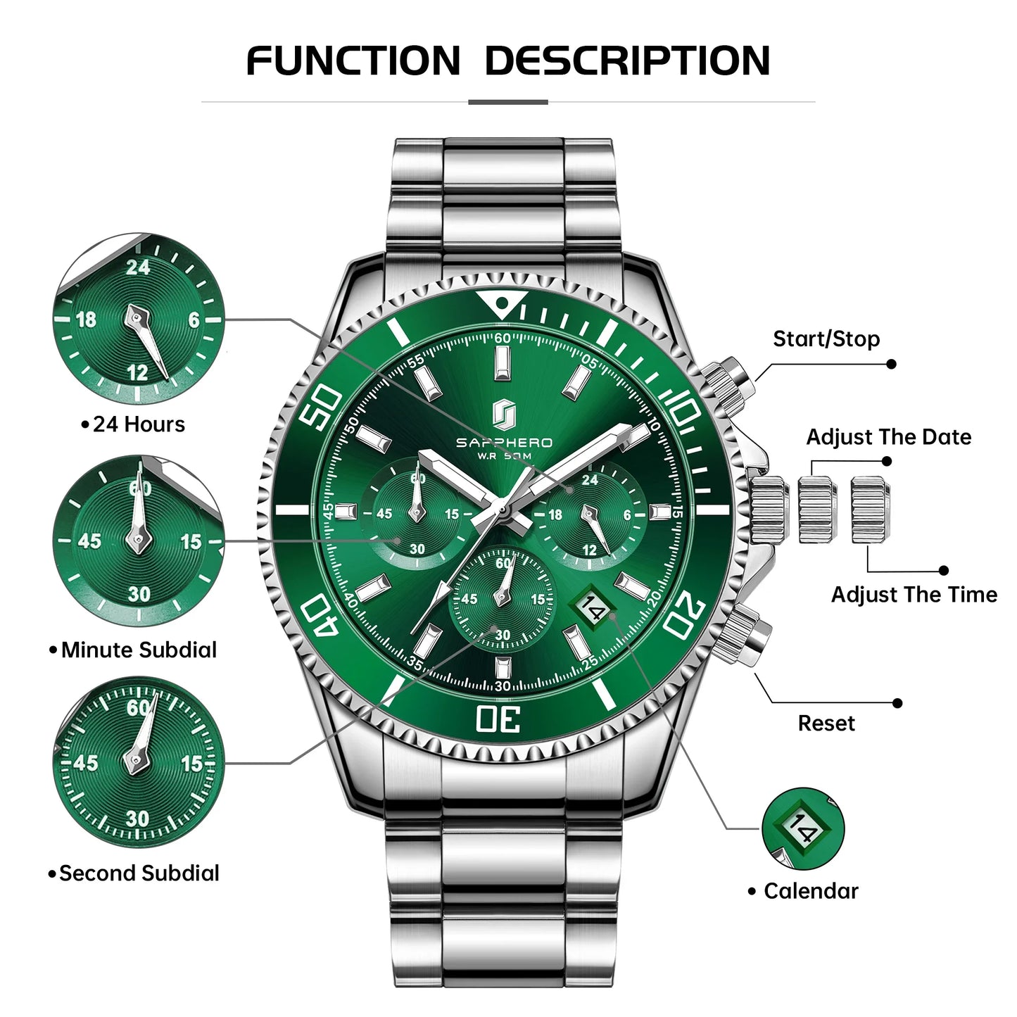 SAPPHERO Men’s Quartz Watch Luxury Chronograph Sport Wristwatch Stainless Steel Waterproof 50M Date Luminous Business Watch