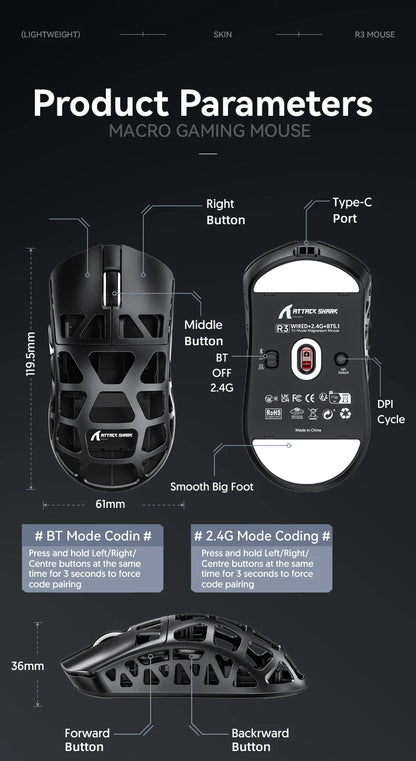 ATTACK SHARK R3 gaming miš od magnezijske legure s honeycomb dizajnom, ultra lagan 8K Hz, PAW3395 senzor, 26000 DPI, ergonomska školjka