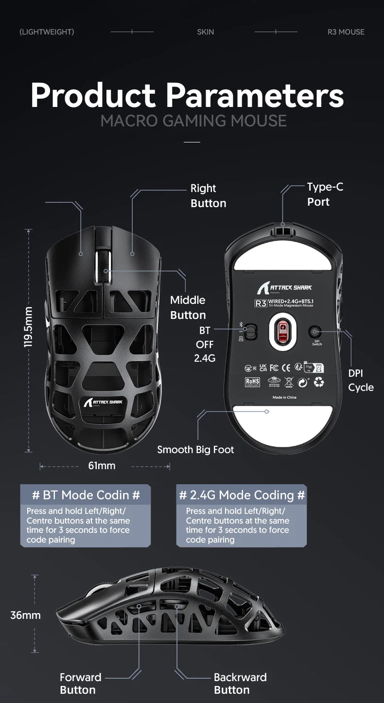 ATTACK SHARK R3 Gaming Mouse Magnesium Alloy Honeycomb,Ultra-Lightweight 8K Hz, PAW3395 Sensor, 26000 DPI, Ergonomic Shel