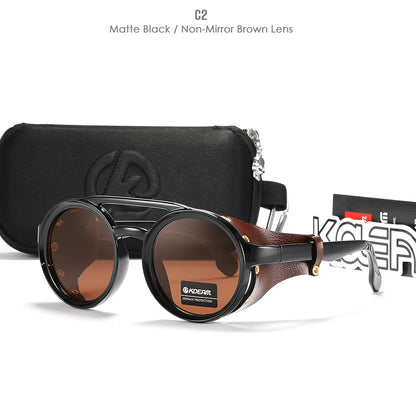 KDEAM Ochelari de soare rotunzi vintage pentru bărbați și femei, din piele, cu design tip „shield” și punte dublă, model KD179