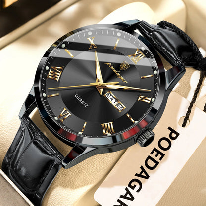 Trendige Herrenuhr von POEDAGAR, Lederarmband, Datums- und Wochentagsanzeige, luxuriöse Quarzuhr, wasserdicht, leuchtend, lässiger Business-Stil.