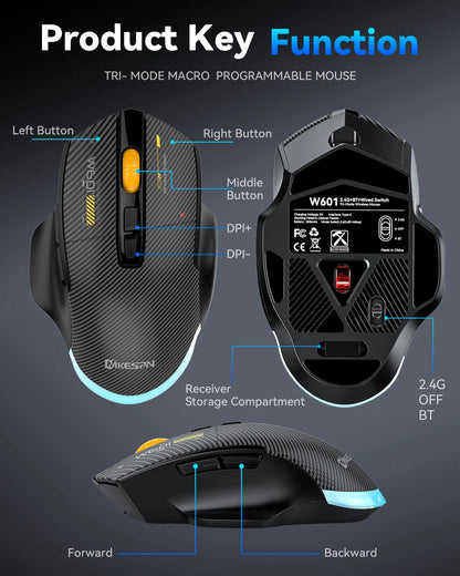 Bluetooth Wireless Gaming Mouse, 12800 DPI Wired/Wireless RGB Mouse with 7 Programmable Buttons, for PC Laptop, Gaming