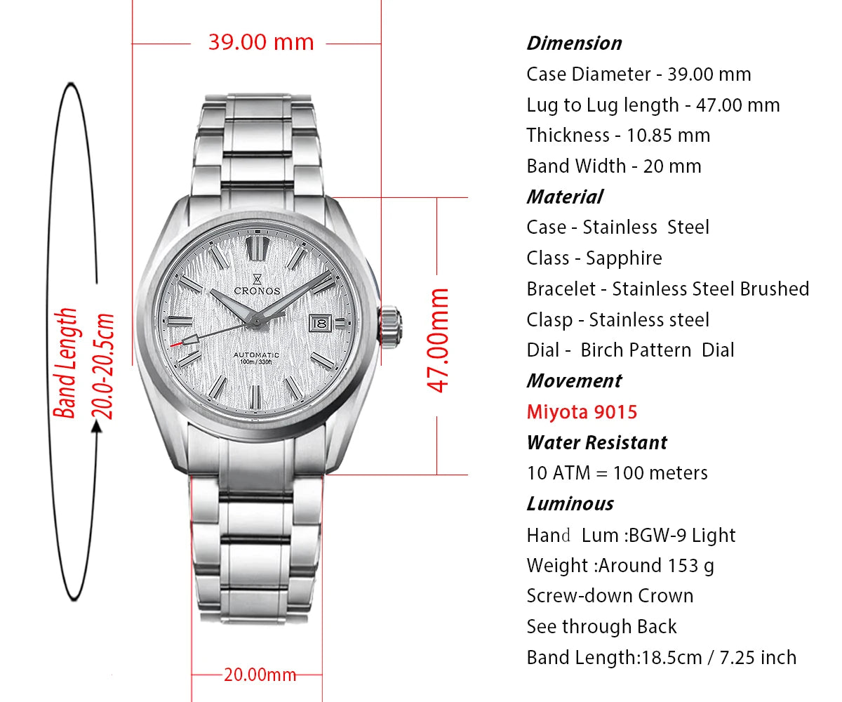 Cronos Men Watch 39mm Automatic Miyota 9015 Movement Wristwatches White Dial Birch Pattern Solid Links Sapphire 10 ATM L6040M
