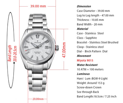 Cronos Men Watch 39mm Automatic Miyota 9015 Movement Wristwatches White Dial Birch Pattern Solid Links Sapphire 10 ATM L6040M