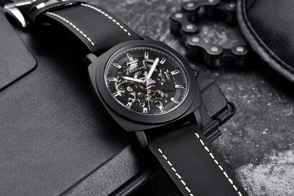 BENYAR Watch for Men Luxury Skeleton Tourbillon Automatic Mechanical Mens Watch 30M Waterproof Leather Strap Sports Reloj Hombre