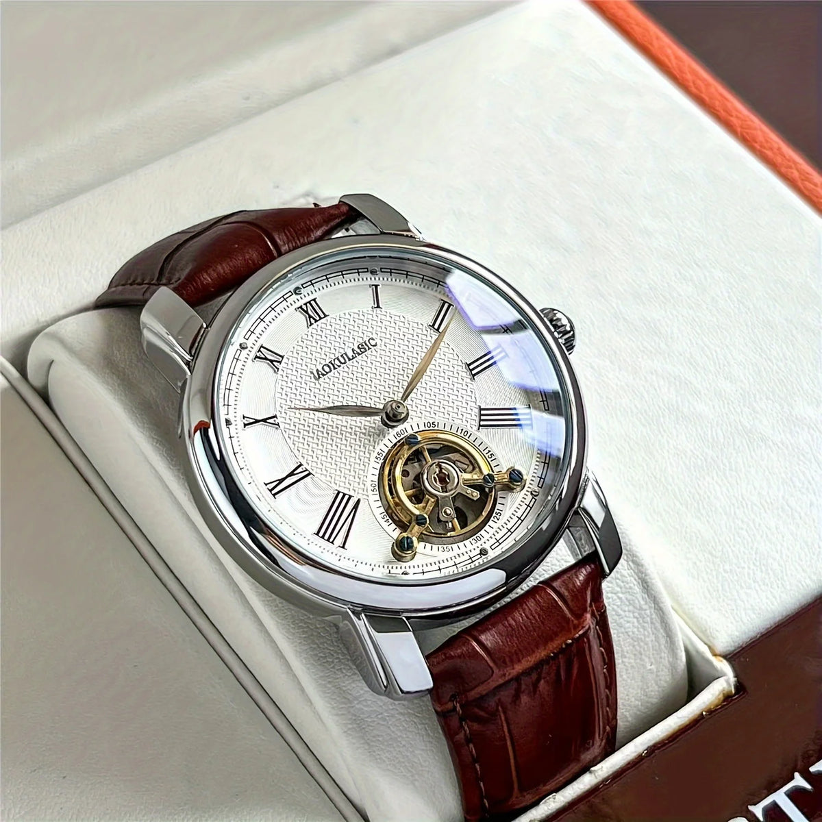 Mekanisk automatisk herrklocka – Elegant skelettdesign, trendig ”business casual”-stil, boett i legering och läderarmband, utan batteri