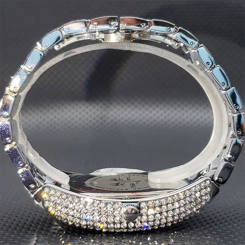 Stainless Steel Men's Watches Luxury Diamond Silver Iced Out Quartz Watch Top Brand 30M Waterproof Big Dial Tonneau Reloj Hombre