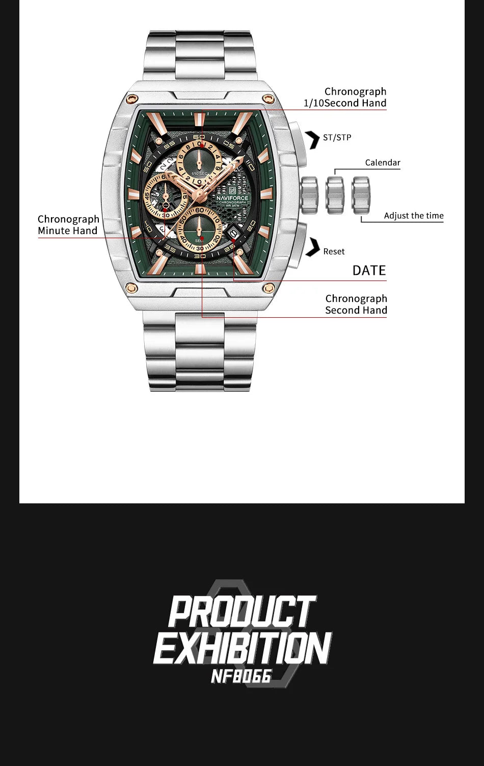 NAVIFORCE Luxury Chronograph Quartz Watch for Men Fashion Tonneau Stainless Steel Man Watches Waterproof Luminous WristWatch