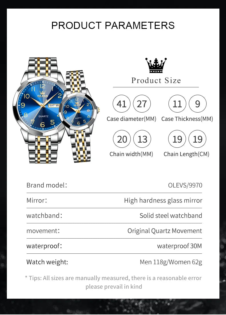 OLEVS 9970 Men Watch Original Brand Waterproof Luminous Quartz Watch Rhombus Mirror Stainless Steel Date-Day-Date Watch With Box