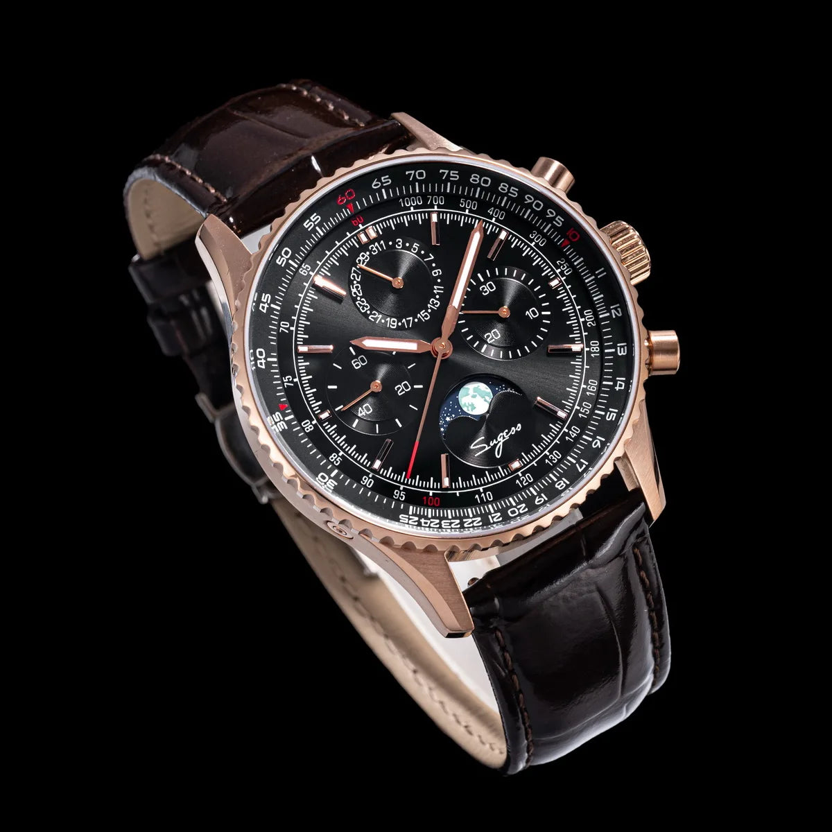 Sugess Chronograph Watch of Man ST1908 Swanneck Movement Mechanical Moonphase Wristwatches Waterproof Calendar Vintage New S468