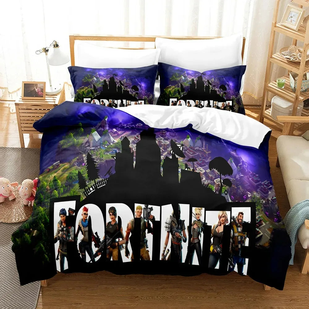 F-Fortnite 3PCS Bedding Set Battle Royale Kids Duvet Cover Quilt Pillowcase Double Size Victory Game Bedroom Linen Decoration