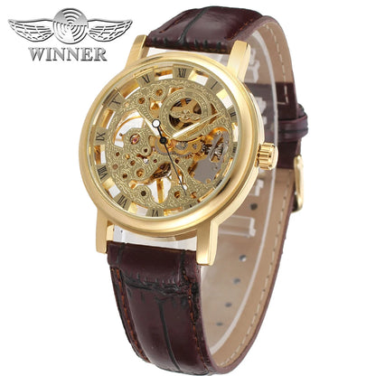 T-Winner Popular Lovers Skeleton Design Gold Watches Mechanical Hand Wind Movement PU Leather Strap Wristwatch for Men Women