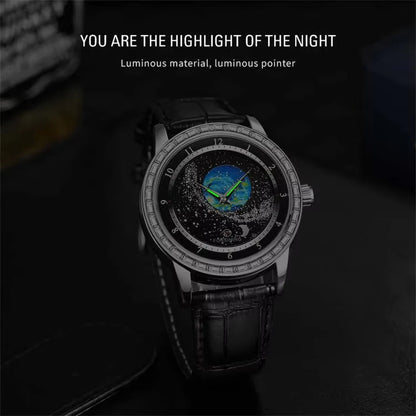 FORSINING Luxury Mens Automatic Mechanical Watch,Earth Star Moon Starry Milky Way Rhinestone Dial Leather Strap,3ATM Waterproof