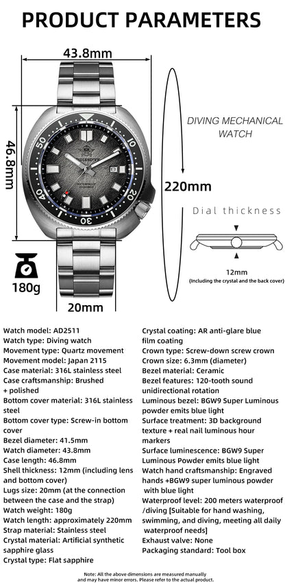 ADDIESDIVE Men's Luxury Watch 20Bar Waterproof  Display AD2511 Sapphire Glass Reloj Hombre BGW9 Super Luminous Quartz Watches