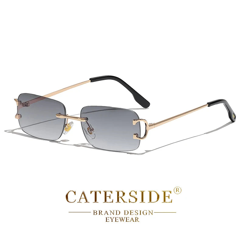 CATERSIDE Ochelari de soare dreptunghiulari albaștri pentru bărbați, ochelari de soare pătrați fără ramă din metal, la modă, pentru femei, cu lentile degradate, ochelari de exterior, UV400