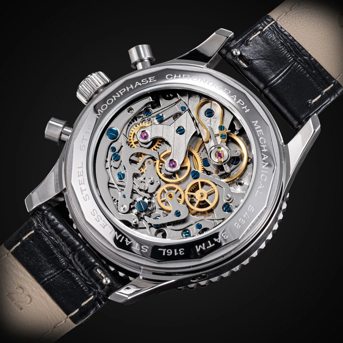 Sugess Chronograph Watch of Man ST1908 Swanneck Movement Mechanical Moonphase Wristwatches Waterproof Calendar Vintage New S468