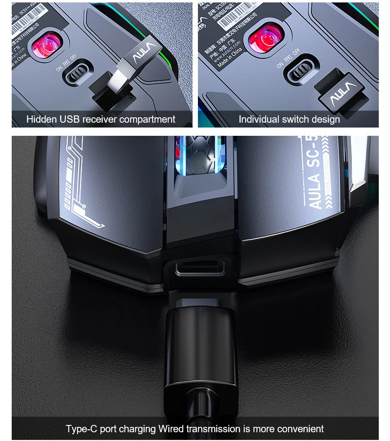 AULA SC550 gamingmus 2.4G trådlös makromus RGB-bakgrundsbelysning ergonomisk design e-sportmus PC-tillbehör