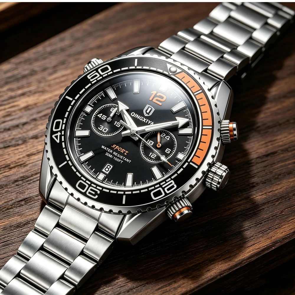 Montre-bracelet de luxe pour homme de marque QINGXIYA, chronographe sport étanche avec date lumineuse, montre à quartz décontractée pour homme