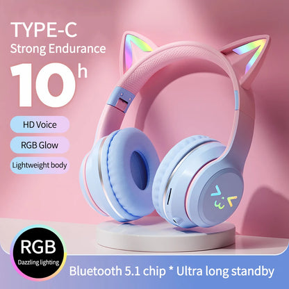 RGB Cat Ear Wireless Bluetooth Headphones for Kids & Girls – LED Light Stereo Gaming Headset with Microphone