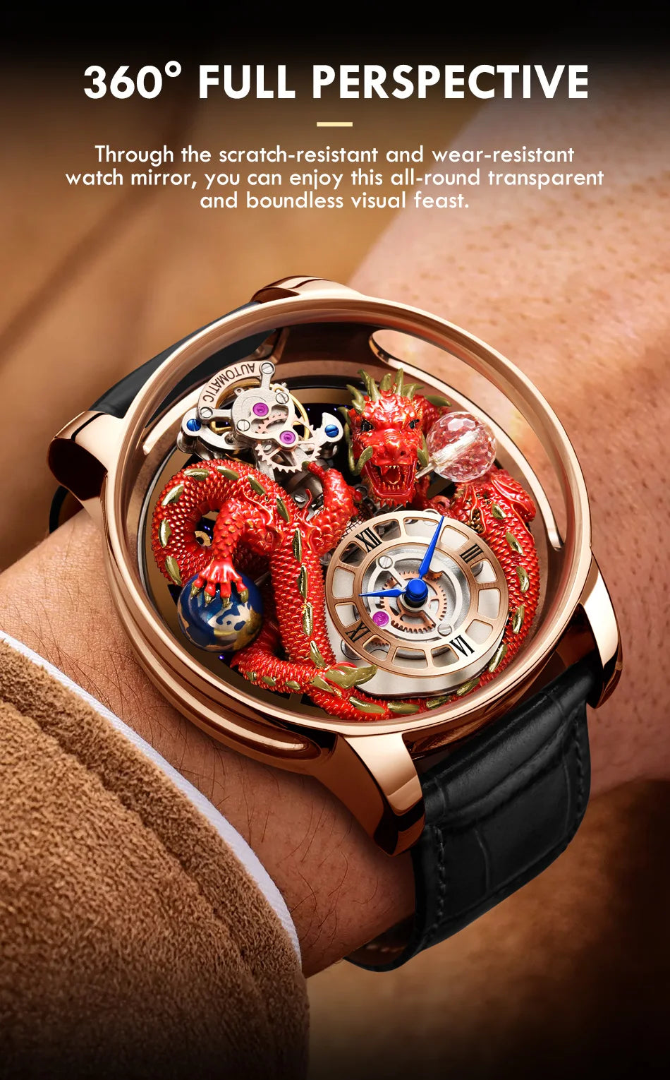 PINDU Fashion Roman Numeral Display Mineral Tempered Glass Material Quartz Movement 3ATM Waterproof Celestial Dragon Men's Watch