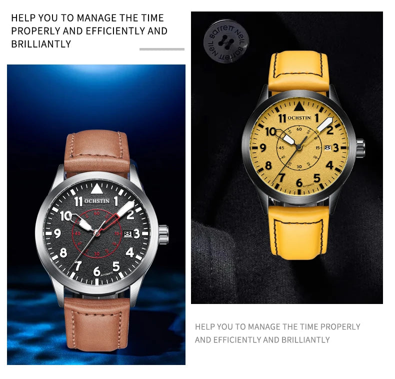 OCHSTIN Mens Fashion Luxury Mechanical Automatic Skeleton Watch Transparent Back Cover Creative Design With Yellow Calendar Dial