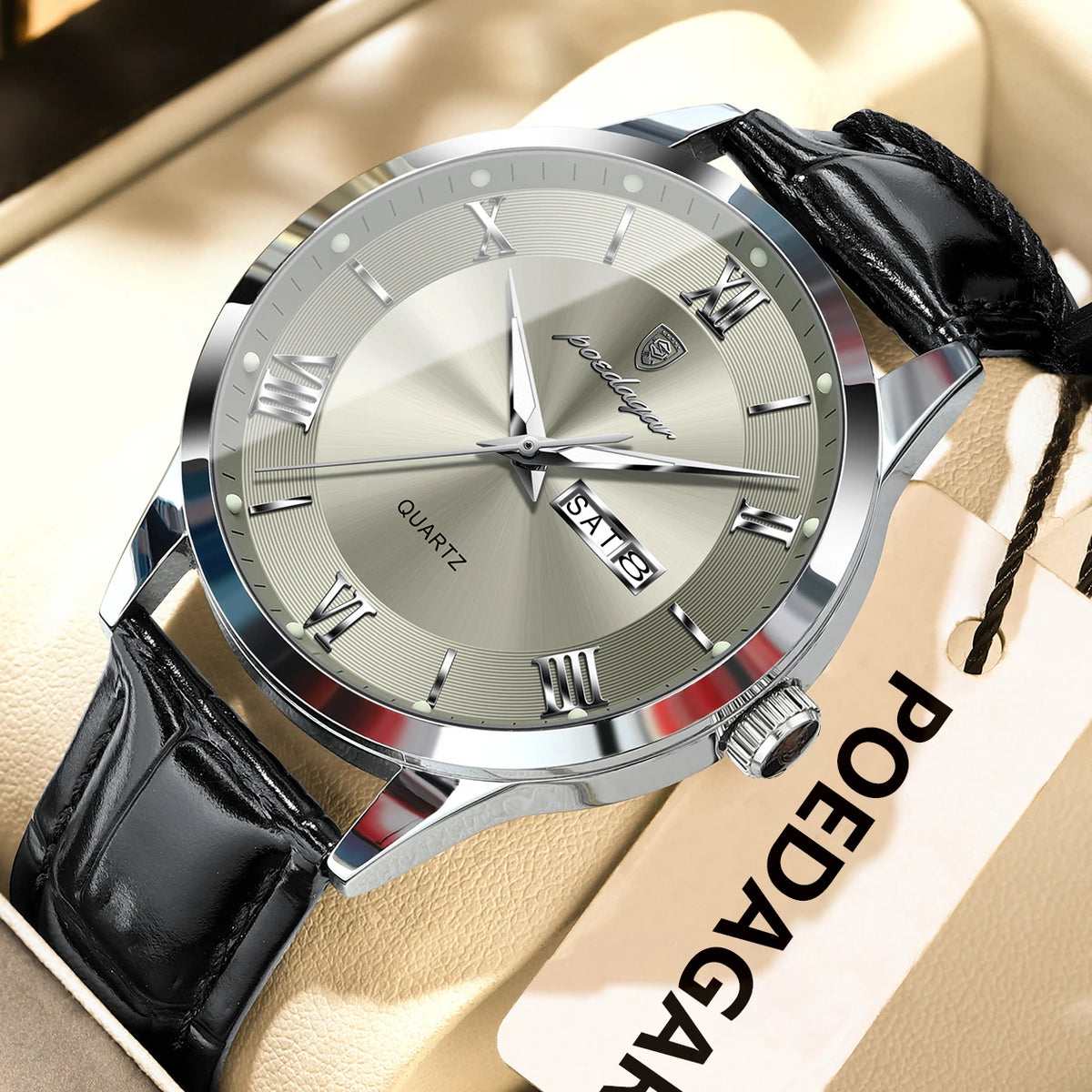 Trendige Herrenuhr von POEDAGAR, Lederarmband, Datums- und Wochentagsanzeige, luxuriöse Quarzuhr, wasserdicht, leuchtend, lässiger Business-Stil.
