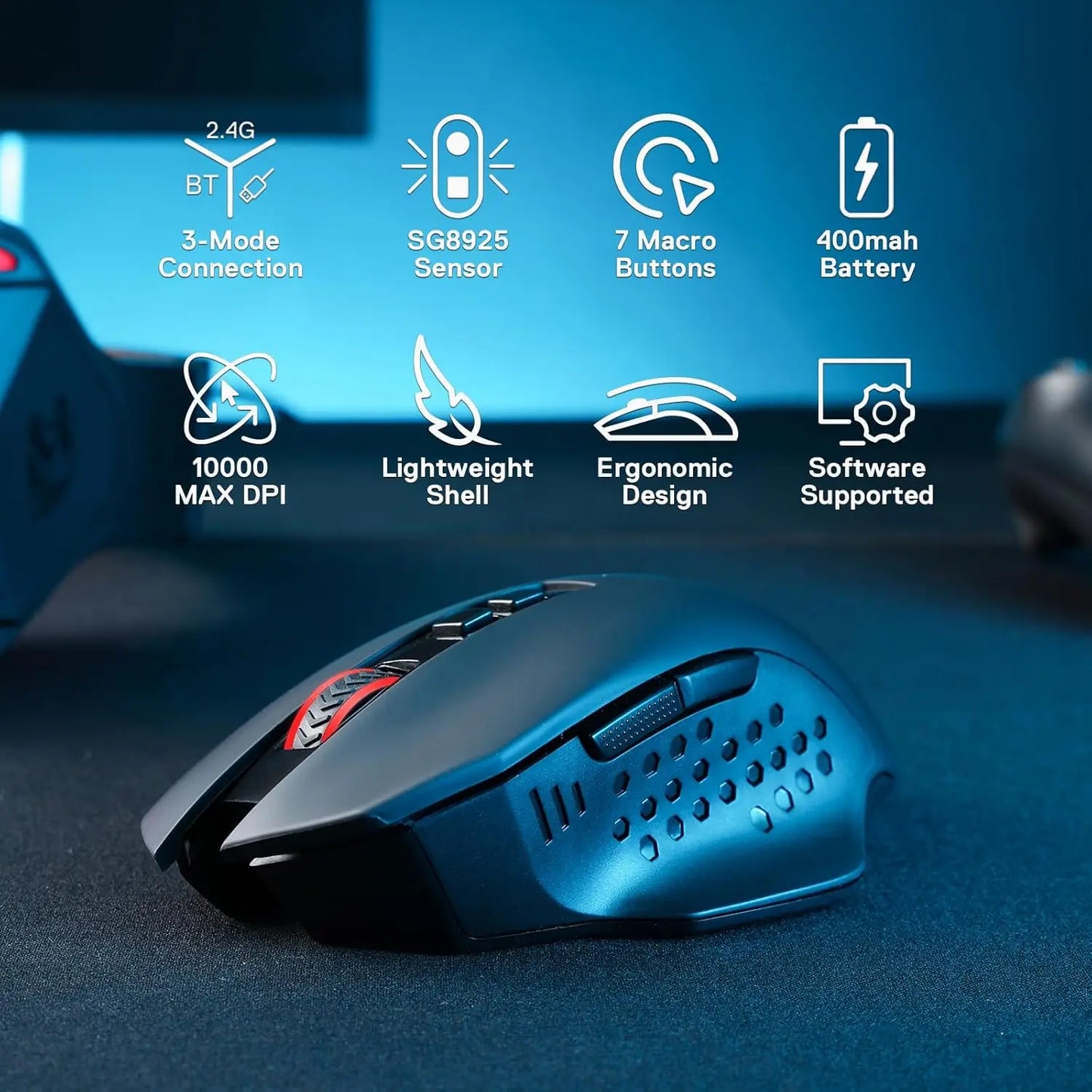 Redragon M656 MAX 3-Mode Wireless Gaming Mouse 10000 DPI Rechargeable Gaming Mice 5 DPI Levels, 7 Macro Buttons, RGB Backlight