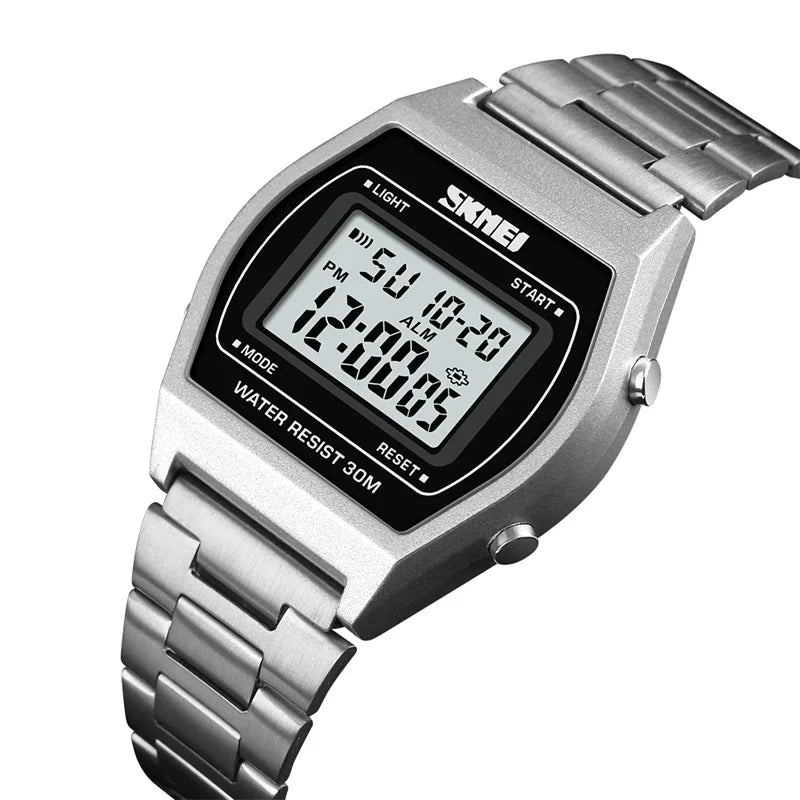 Skmei Unisex Digital Sport's Watches Stainless Steel Strap Led Waterproof 12/24 Hour Format Electronic Alarm Clock