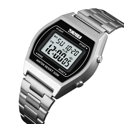 Skmei Unisex Digital Sport's Watches Stainless Steel Strap Led Waterproof 12/24 Hour Format Electronic Alarm Clock