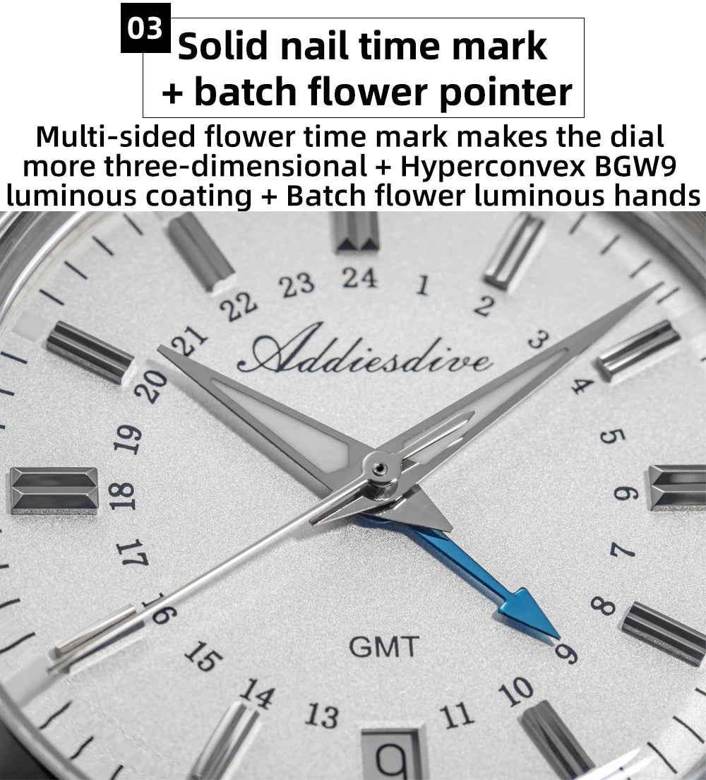 ADDIESDIVE Hot Brand 36mm Luxury GMT Watch Gift for Men 10Bar Waterproof BGW9 Super Luminous 316L Stainless Steel Quartz Watches
