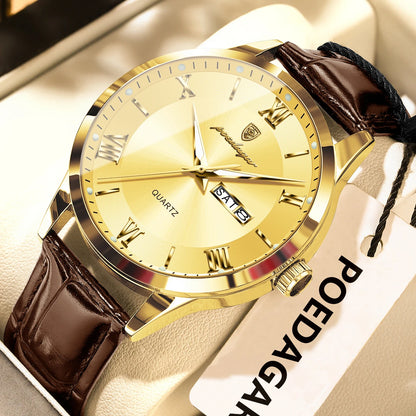 Trendige Herrenuhr von POEDAGAR, Lederarmband, Datums- und Wochentagsanzeige, luxuriöse Quarzuhr, wasserdicht, leuchtend, lässiger Business-Stil.