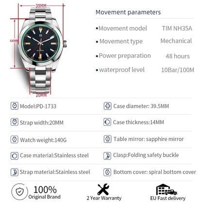 PAGANI DESIGN 2026 New Green Glass Men's Mechanical Watches Automatic Watch Men AR Sapphire crystal Stainless steel Wristwatch