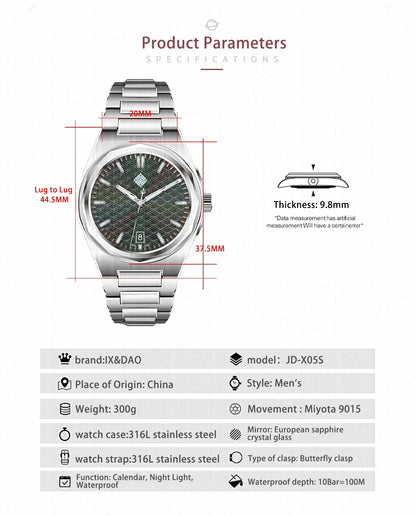 IX&DAO 2026 New Warrior 37mm Men's Automatic Mechanical Watch Miyota 9015 Top Sapphire BGW-9 Stainless Steel Waterproof 10Bar