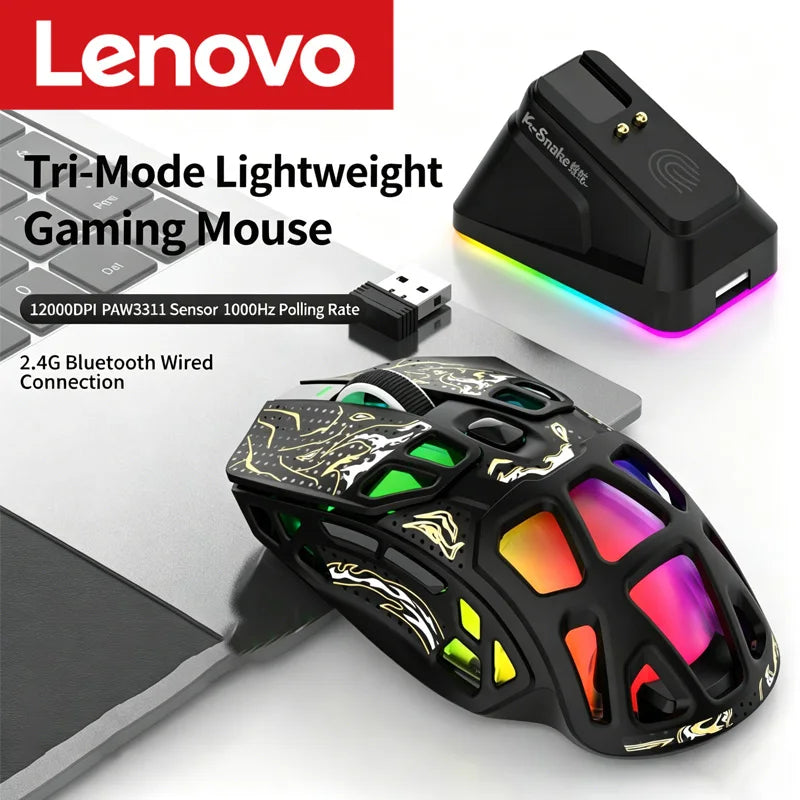 Лека геймърска мишка Lenovo Tri-Mode с RGB зарядна докинг станция 12000DPI 2.4G/Bluetooth/кабелна ергономична мишка за PC и лаптоп