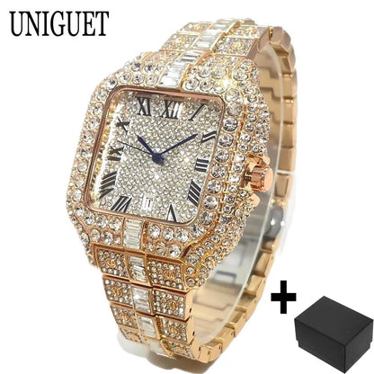 UNIGUET Fashion Diamond Watch for Men Luxury Waterproof Square Quartz Clocks Hip Hop Ice Out Jewelry Wristwatch Male Hot Sell