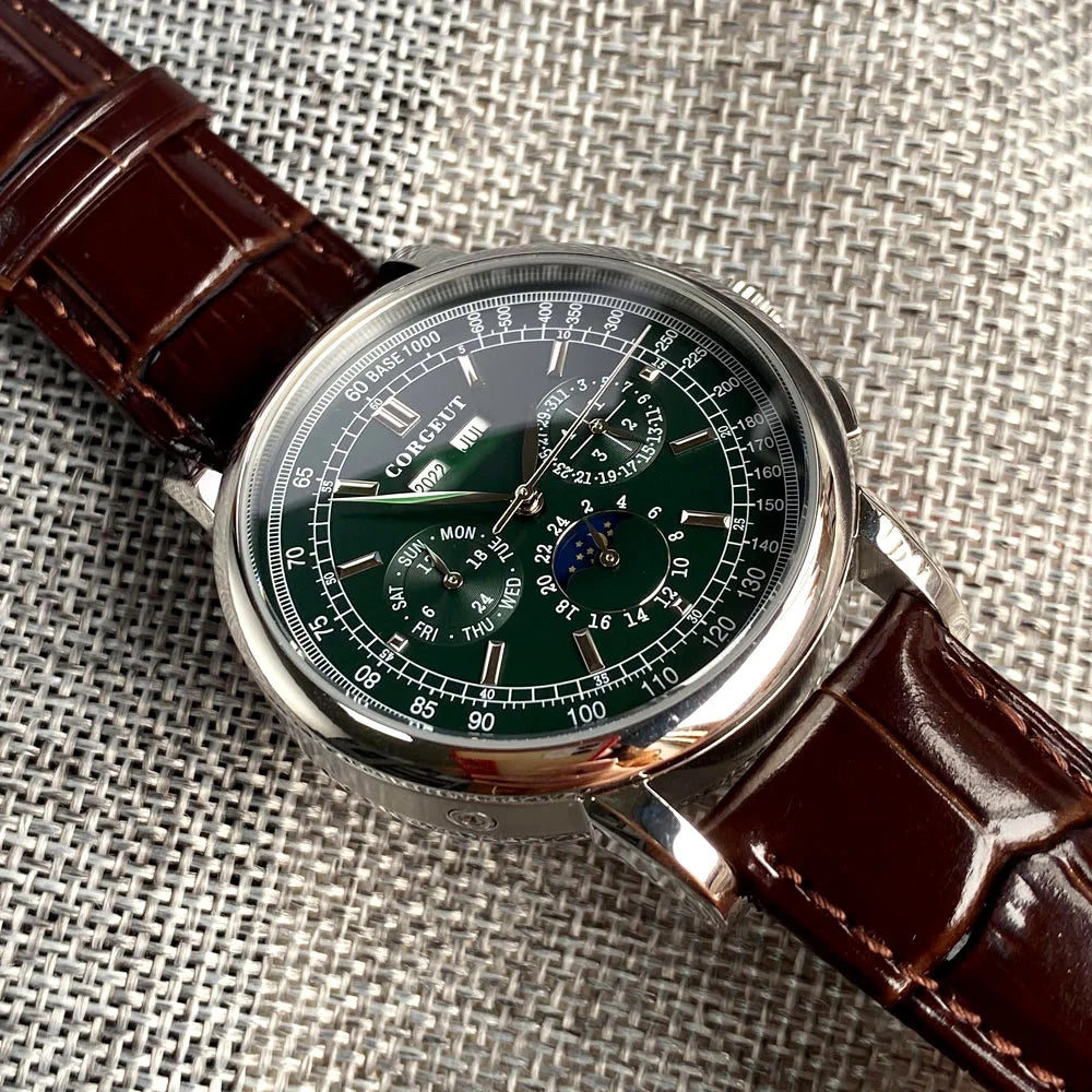 Corgeut Multi Functional Watch Automatic Mechanical Watch for Men 42mm Day Date Month Year Day/Night ST1655 Movt Polished Case